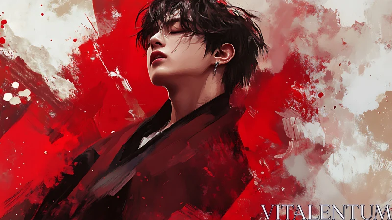 Moody digital portrait in red and white abstract field.