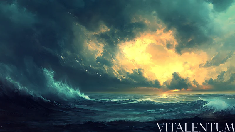 Glowing ocean sunrise wrapped in deep stormy blue waves.