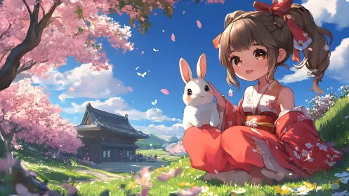 Girl in kimono hugs white rabbit under spring sakura sky