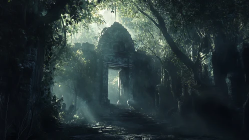 Sunlit overgrown stone temple gate in dense jungle ruins