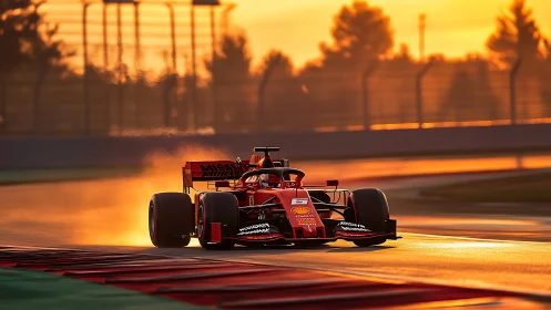 Red Formula race car powers through wet track at sunset