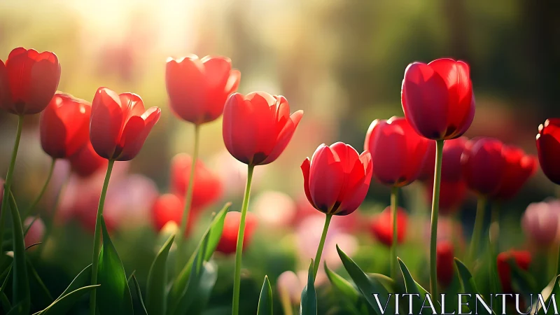 Sunlit tulips trade secrets with the morning breeze