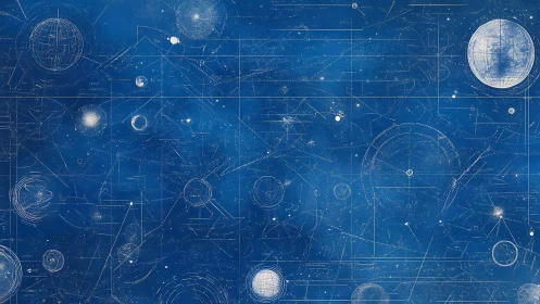 Astronomical blueprint maps planetary orbits and spherical coordinate grids