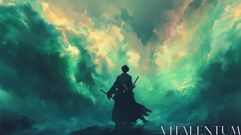 Lone wanderer of the stormlit sky walks toward destiny.