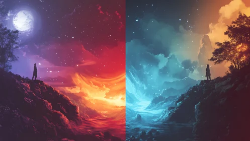 Dual worlds unfold under moonlit and fiery cosmic skies.