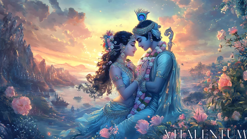 Hindu Deity Digital Rendering: Divine Couple with Ornamental Adornments in Celestial Landscape
