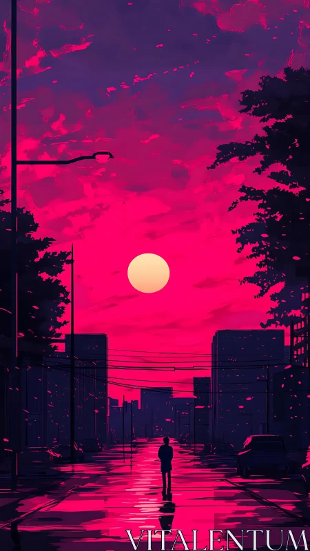 Solitary figure on neon city street under vivid sunset.