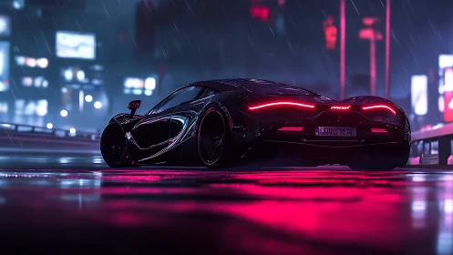 Black sports car on wet neon city street at night.