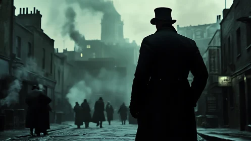 Misty Victorian street welcomes a lone figure into the fog