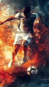Dynamic soccer player in fiery digital action scene.