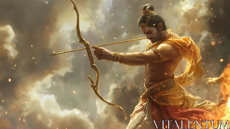 Radiant archer poised in swirling clouds and golden fire.