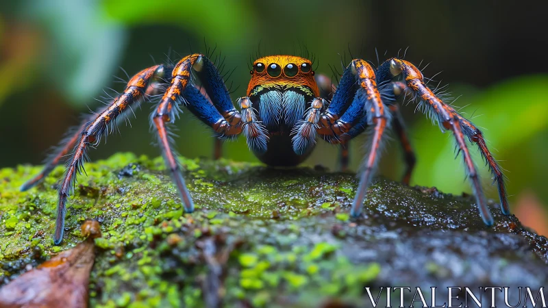 Macro close-up captures iridescent jumping spider with raised forelegs