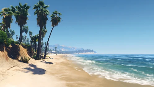 Palm-Lined California Beach with Mountains in the Distance