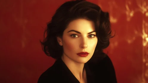 Glamorous woman gazes into warm light against crimson backdrop