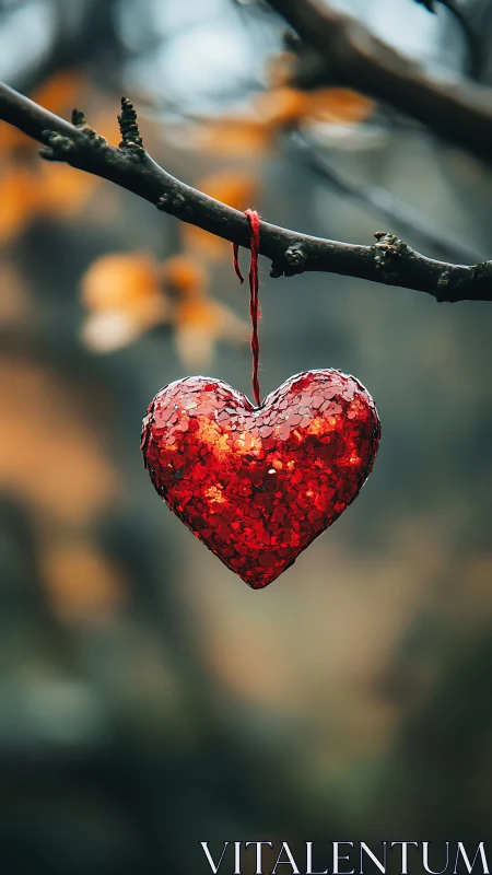 Red Glitter Heart Hanging from Branch.
