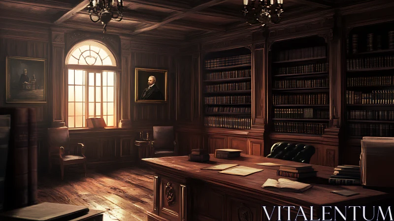 Sunlit mahogany law library with stately desk and portraits.