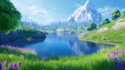 Sunlit alpine lake reflects snowy peaks in vivid spring bloom