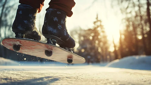 Winter sunlight catches a skater’s jump over icy ground