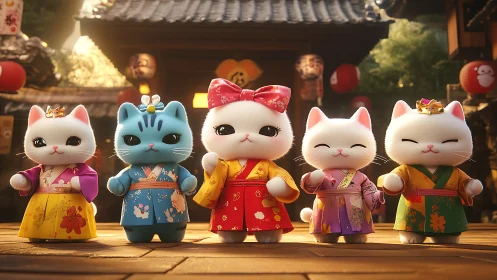 Five Maneki-Neko Cats in Traditional Asian Temple Setting.