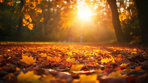 Low-angle autumn forest path captures sunlit leaf carpet sharply