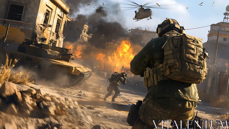 Urban combat sequence depicts soldiers, tank and helicopter