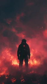 Solitary Figure Amid Crimson Inferno. Digital Sci-Fi Composition.