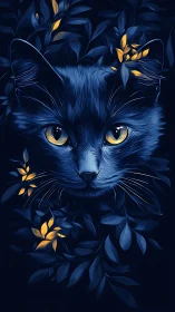 Midnight Feline Portrait with Golden Eyes and Glowing Botanical Elements