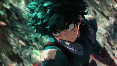 Determined green haired hero surges forward in motion