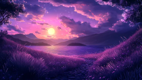 Twilight lake opens a glowing path between violet hills