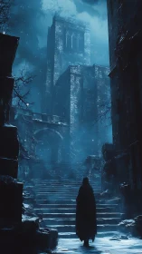 Solitary cloaked figure ascending steps to ruined fortress.