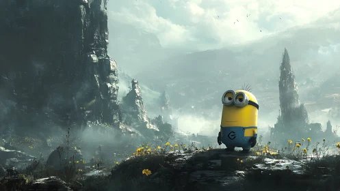 Minion character standing in misty, ruined mountain valley
