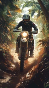 Motorcyclist riding through muddy tropical forest trail.