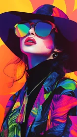 Neon-drenched fashion icon in reflective rainbow shades.