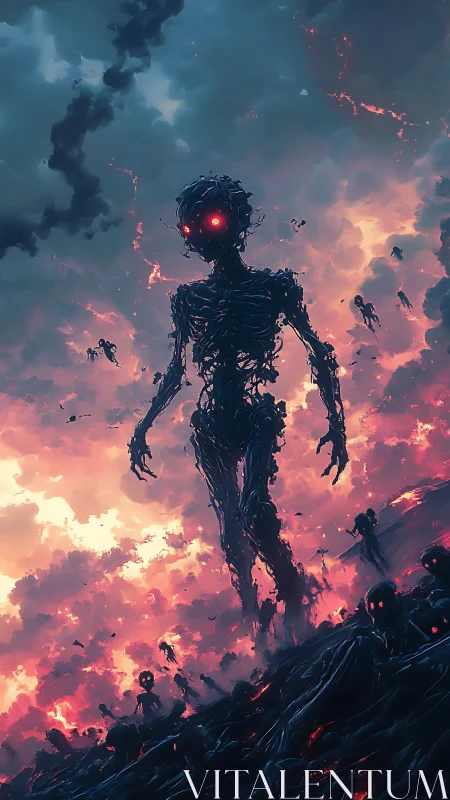 Colossal ember-eyed wraith rising through burning clouds.