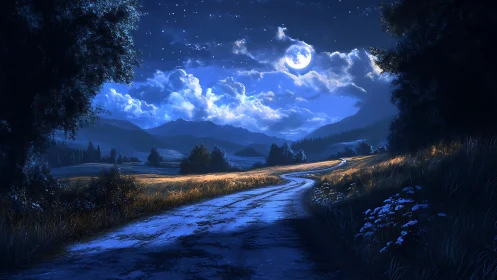 Moonlit country road curves through luminous nocturnal valley