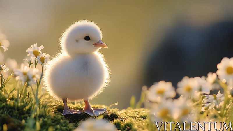 Fluffy spring chick exploring a sunlit meadow of daisies.