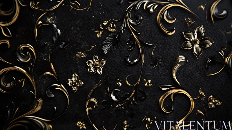 Gold floral scrollwork curls across textured black surface