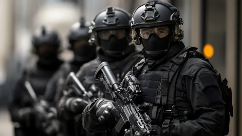 Tactical police unit stands ready in full black armor gear.
