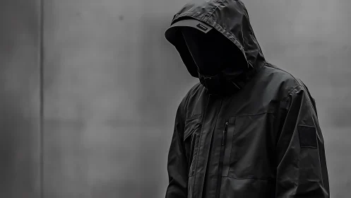 Shadowed hooded figure in sleek urban streetwear jacket.