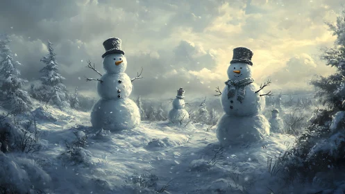 Friendly snowmen greeting the soft glow of winter sunset.