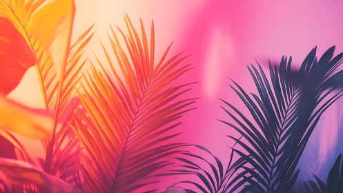 Neon tropical palm leaves glow in vibrant sunset light