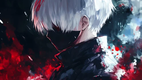 White-haired masked figure stands in bloodlit abstract night