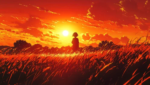 Backlit silhouette in chromatic sunset grassland fieldscape.