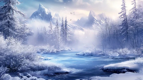 Snow-laden alpine river valley under luminous winter haze.