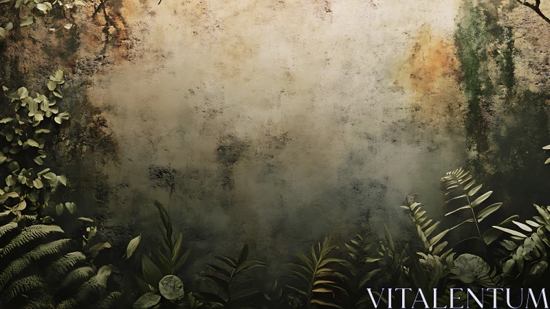 Aged stucco wall frames dense, shadowed tropical foliage