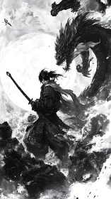 Monochrome samurai–dragon confrontation under turbulent moon.