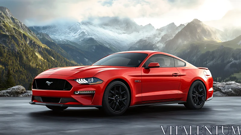 Crimson muscle car lounges boldly beneath frosted mountain crowns