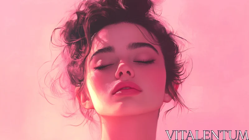 Digital portrait of young woman against monochrome pink field.
