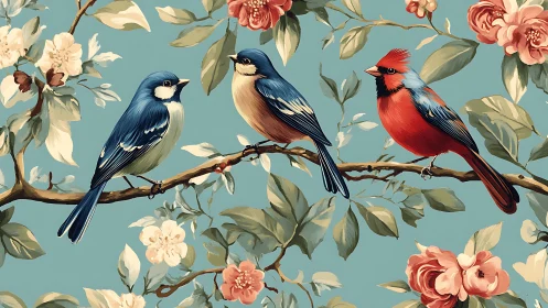 Vibrant Songbirds on Blossom Branches in Vintage Art Style.