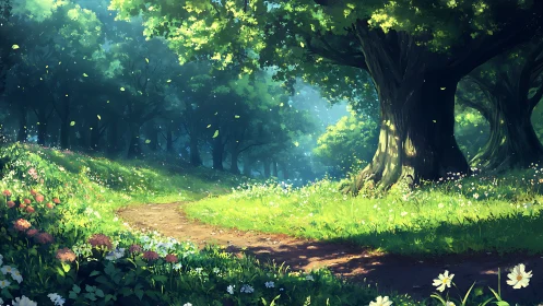 Forest Glade with Ancient Trees and Wildflowers.